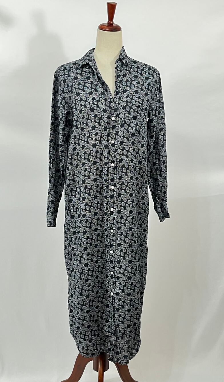 FRANK & EILEEN Sz XS Black White Linen Geometric Print Rory Shirt Dress